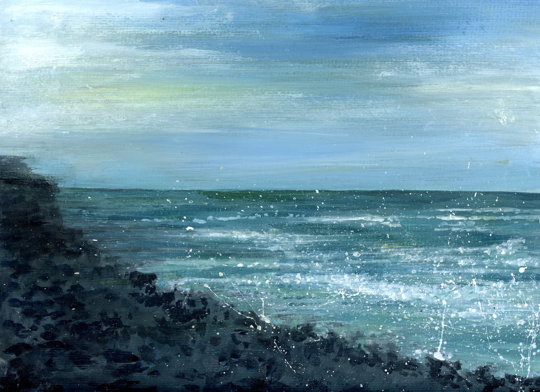 Abstract blue-green acrylic seascape with white surf and a dark shoreline beneath a pale horizon.