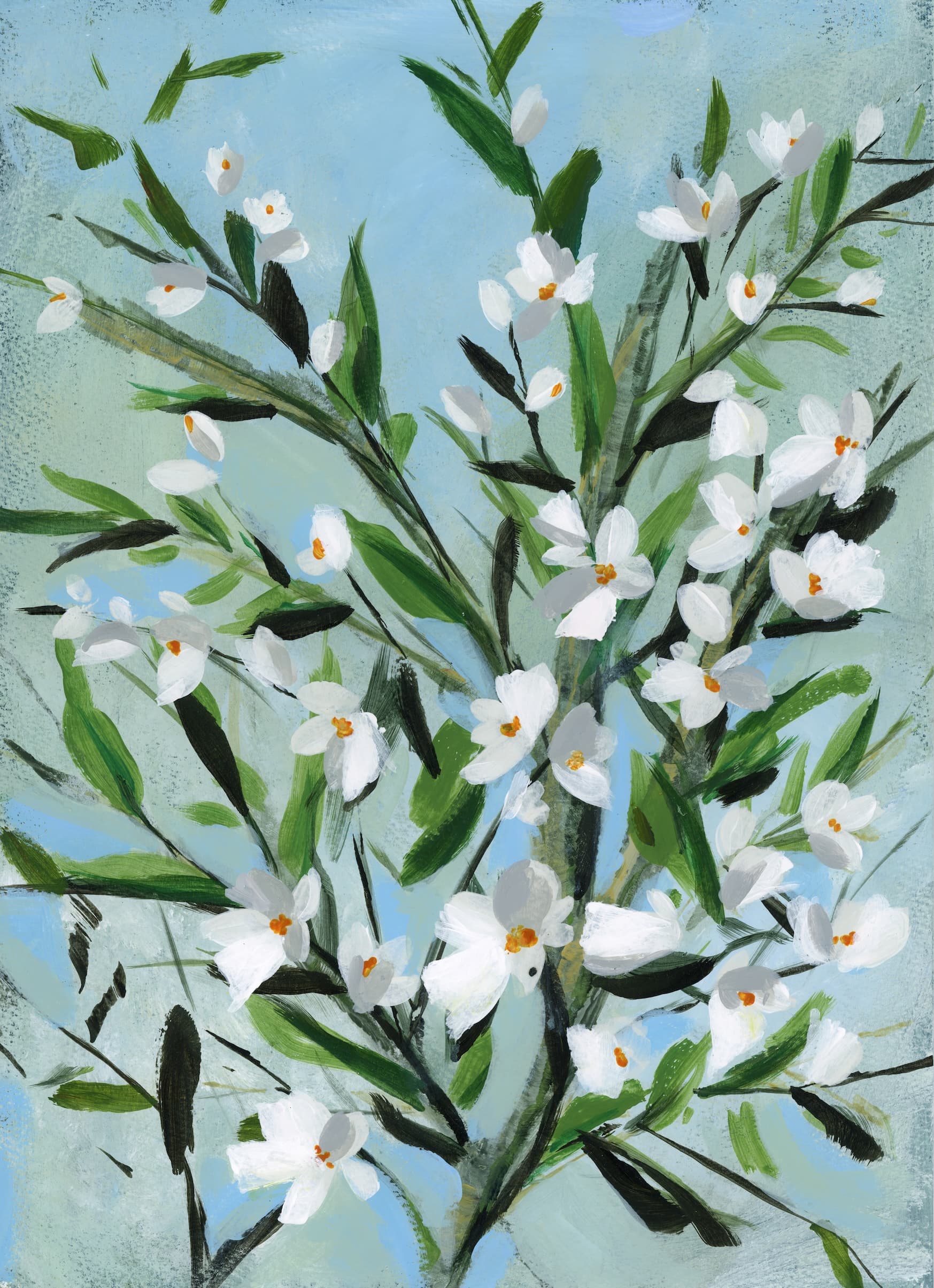 Acrylic painting of white blossom and dark branches across a pale blue-green background.