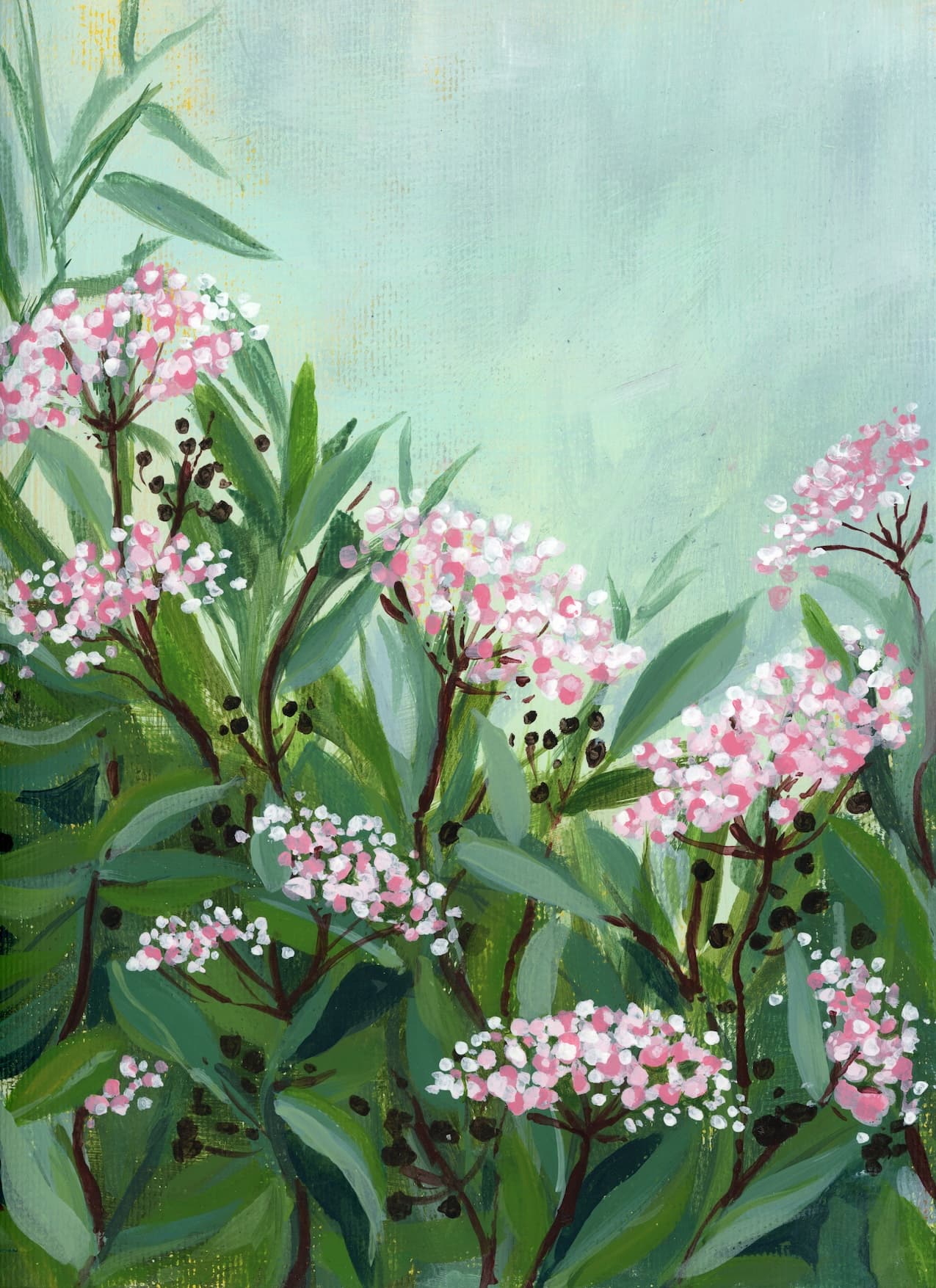 Acrylic painting of pink wildflower clusters and layered green foliage against a pale green background.